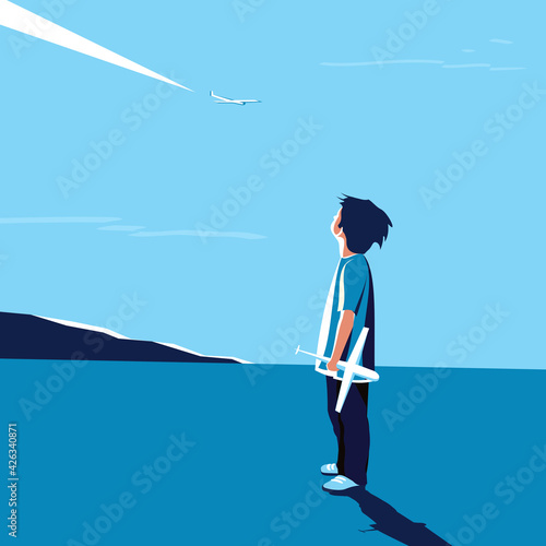 A boy with an airplane in his hand looks at a passing airliner. Vector illustration.