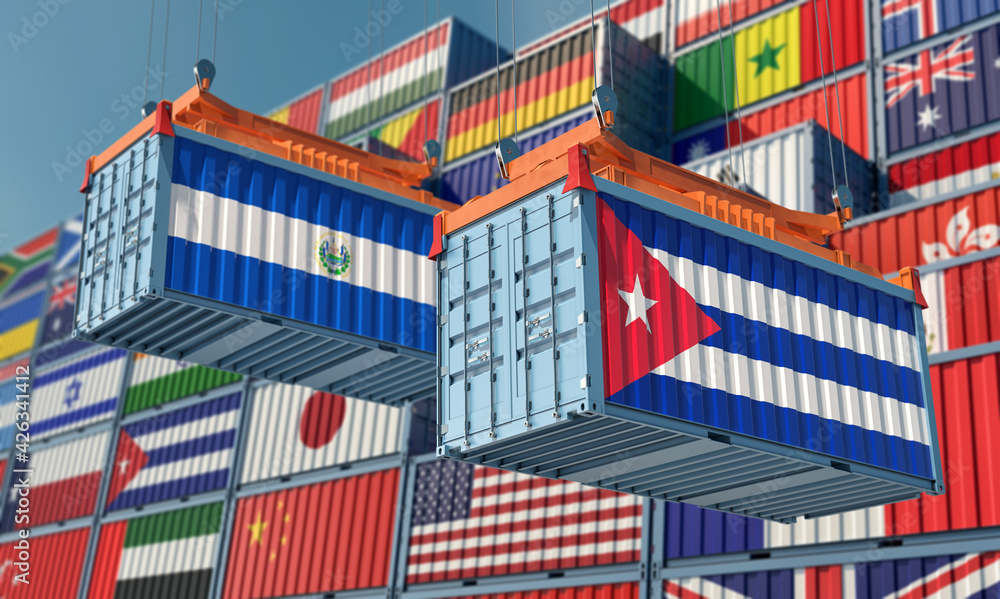Freight containers with Cuba and El Salvador national flags. 3D Rendering 