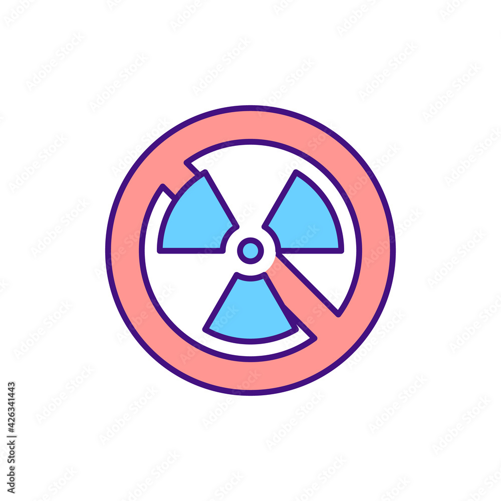 No radiation sign RGB color icon. Prevent harmful work conditions. Forbidden zone, no radioactivity. Hazard of nuclear power.Caution for atomic reactor. Isolated vector illustration No radiation sign RGB color icon. Prevent harmful work conditions. Forbidden zone, no radioactivity. Hazard of nuclear power.Caution for atomic reactor. Isolated vector illustration