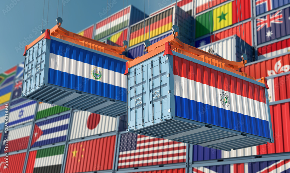 Freight containers with Paraguay and El Salvador flag. 3D Rendering 