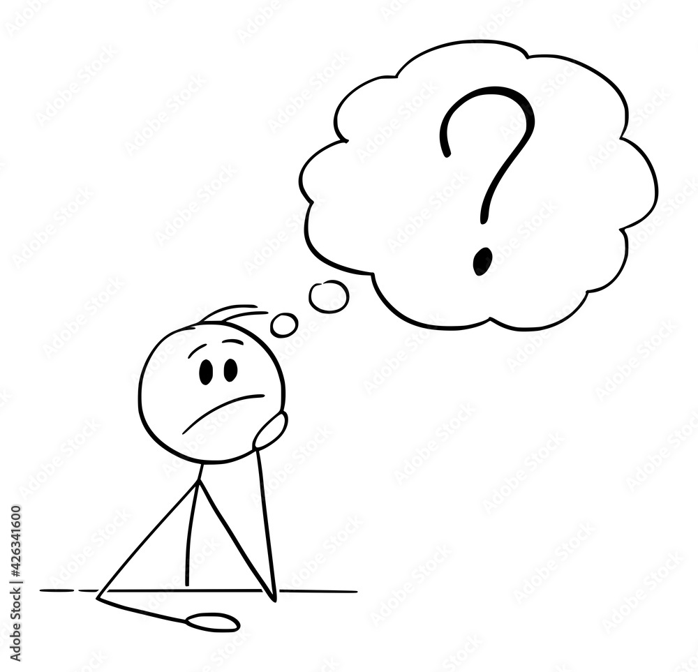 Stick figure in thinking posture. Stick man thinking about a solution to a  question. Vector illustration isolated on white Stock Vector