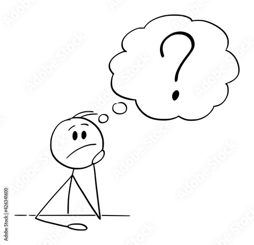 Man or Businessman Sitting Behind Desk Thinking for Question Answer, Vector Cartoon Stick Figure Illustration