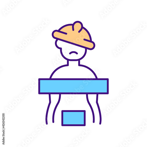 Stop sexual harassment of female workers RGB color icon. Stop torture and degrading treatment of female migrant workers. Forced labor. Workplace abuse. Isolated vector illustration