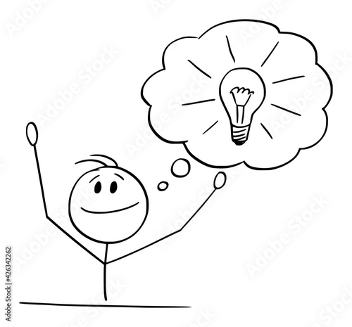Man or Businessman Sitting Behind Desk Just Got Idea, Vector Cartoon Stick Figure Illustration