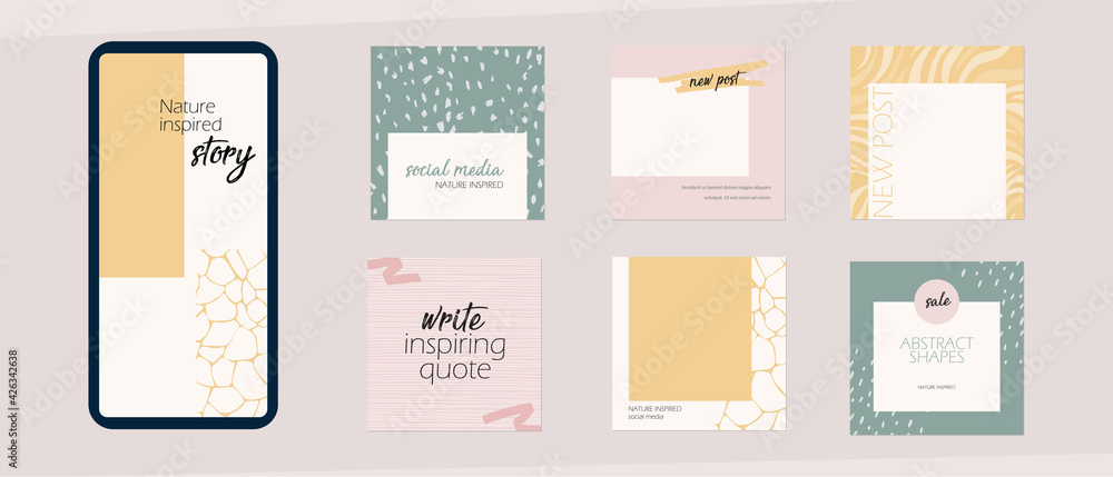 Instagram social media story feed template. minimal background layout mockup in pastel pink yellow color with abstract shapes. for beauty, cosmetics, fashion, spa, food. light spring summer vector