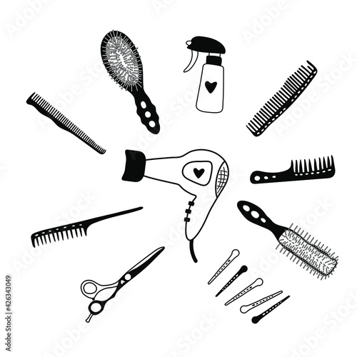 Hand-drawn hairdressing items, tools, scissors, comb, pulverizer, clip. Vector black and white set of accessories for a beauty salon isolated on white. Cute, stylish, trendy, cartoon. Hair cutting