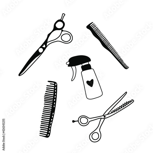 Hand-drawn hairdressing items, tools, scissors, comb, pulverizer, clip. Vector black and white set of accessories for a beauty salon isolated on white. Cute, stylish, trendy, cartoon. Hair cutting