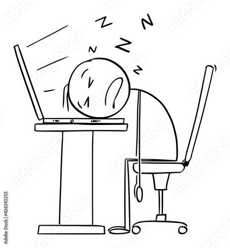 Sleeping on Computer Keyboard, Tired or Overworked Office Worker or Businessman in Office, Vector Cartoon Stick Figure Illustration