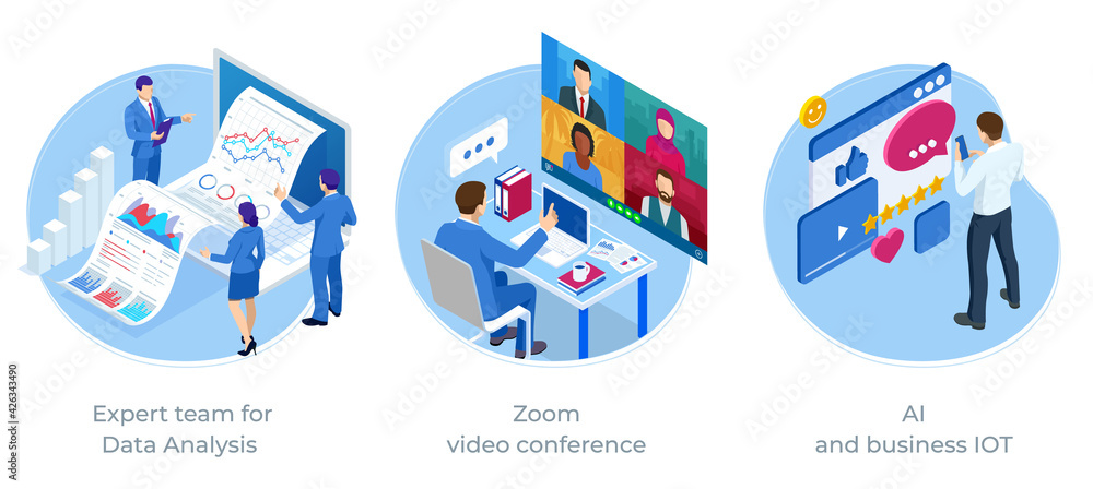 Isometric web business concept of financial administration, accounting, analysis, audit, financial report. Expert team for Data Analysis, Zoom video conference, AI and business IOT