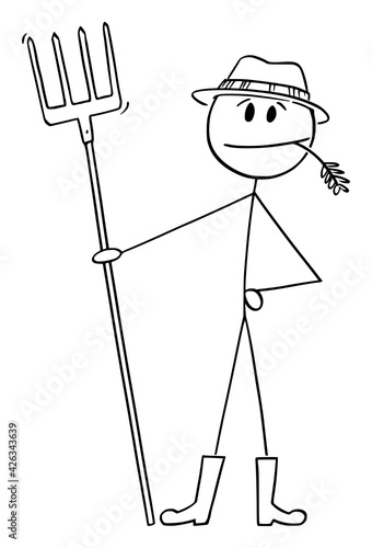 Farmer Standing with Fork Chewing Grass, Vector Cartoon Stick Figure Illustration