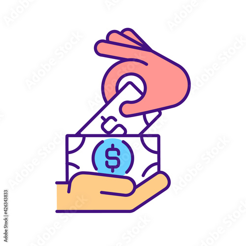 Cash payment RGB color icon. Take money from hands. Financial investment. Work salary, job wage. Economic procedure. Bribery, illegal finance transaction. Isolated vector illustration