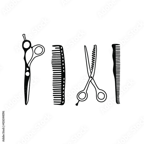 Hand-drawn hairdressing items, tools, scissors, comb. Vector black and white set of accessories for a beauty salon isolated on white. Cute, stylish, trendy, cartoon. Hair cutting and styling, freehand