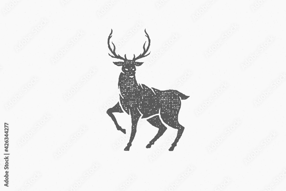 Fototapeta premium Black silhouette wild deer with huge antlers as symbol of wildlife hand drawn stamp effect vector illustration