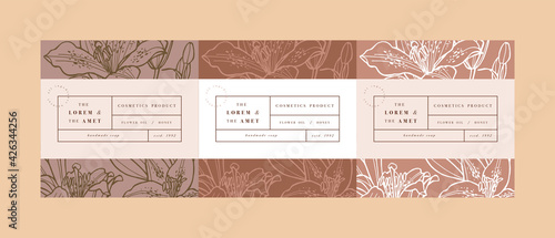 Vector set pattens for cosmetics with label template design. Patterns or wrapping paper for package and beauty salons. Calla lily flowers. Organic, natural cosmetic.