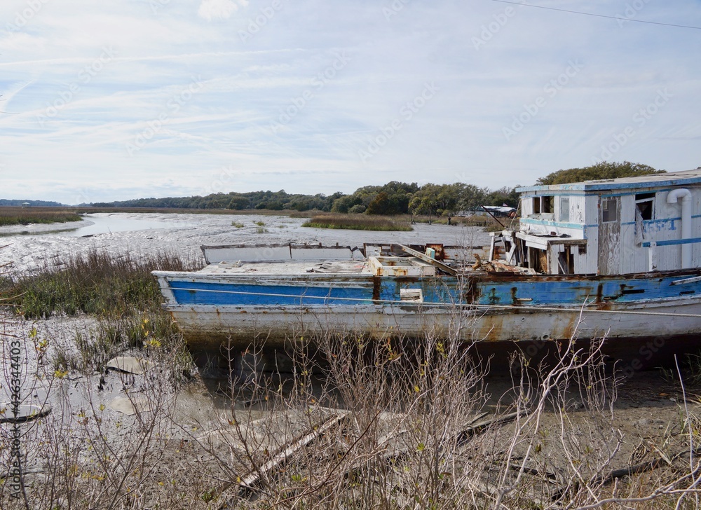 Old fishing boat on St Helena Island in South Carolina USA