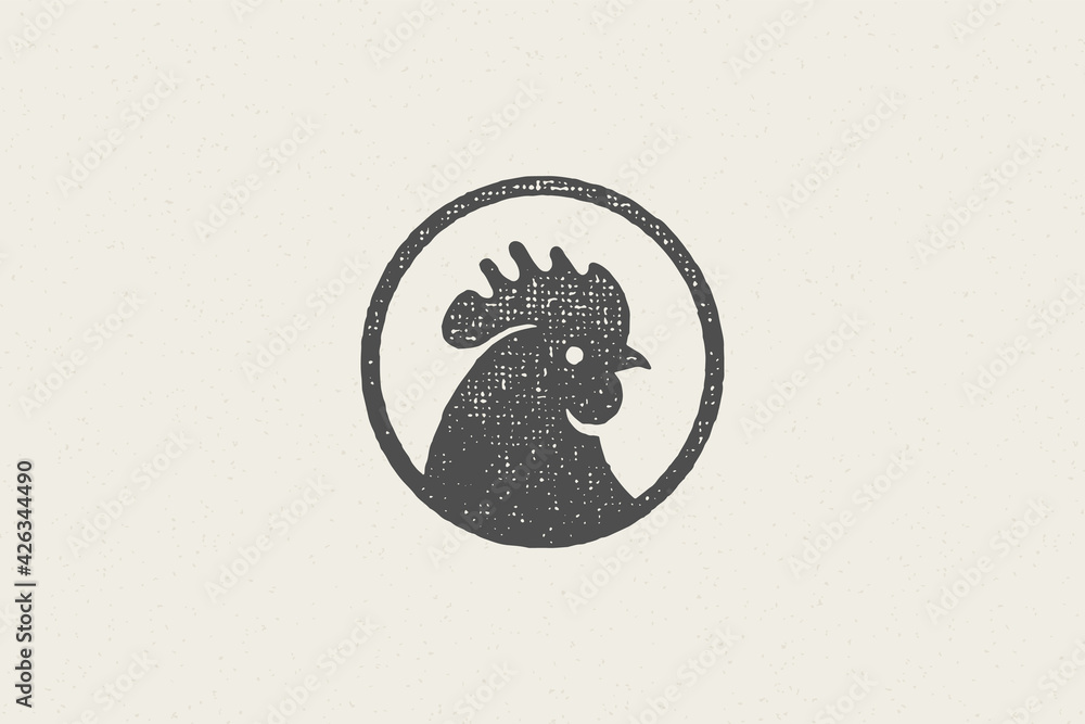 Black rooster head silhouette for poultry farm industry hand drawn stamp effect vector illustration. - obrazy, fototapety, plakaty 