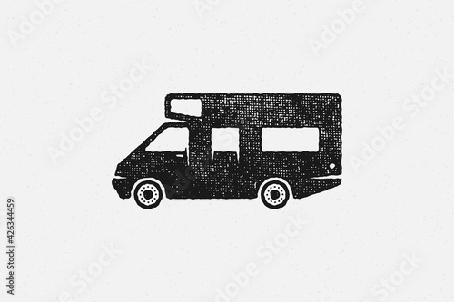 Silhouette rv trailer for journey in countryside as symbol tourism hand drawn stamp effect vector illustration.