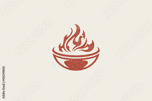 Grill silhouette with burning fire flame barbecue food preparation hand drawn stamp effect vector illustration.