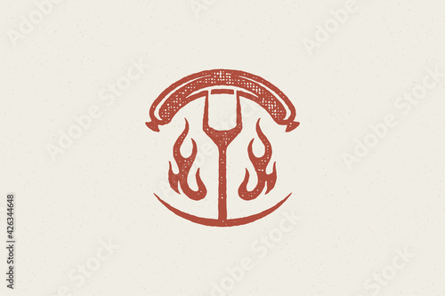 Meat sausage on fork grilling over hot flames barbecue food preparation hand drawn stamp effect vector illustration.