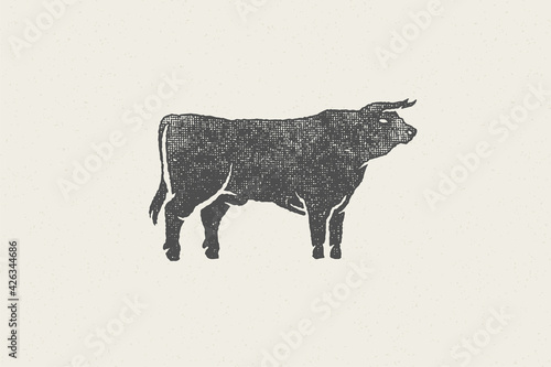 Large bull silhouette for domestic farm industry hand drawn stamp effect vector illustration.