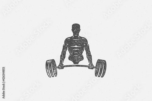 Strong bodybuilder lifting barbell silhouette hand drawn stamp vector illustration.