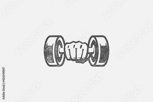 Athlete sportsman hand holding heavy dumbbell during weightlifting training in gym hand drawn stamp vector illustration