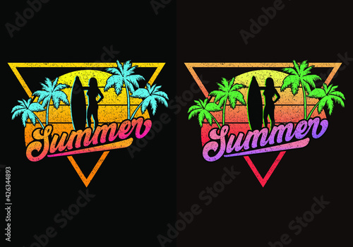 Summer Retro Vintage Sunset-shirt Design, Vector, Palm Tree, Surfing, Summer