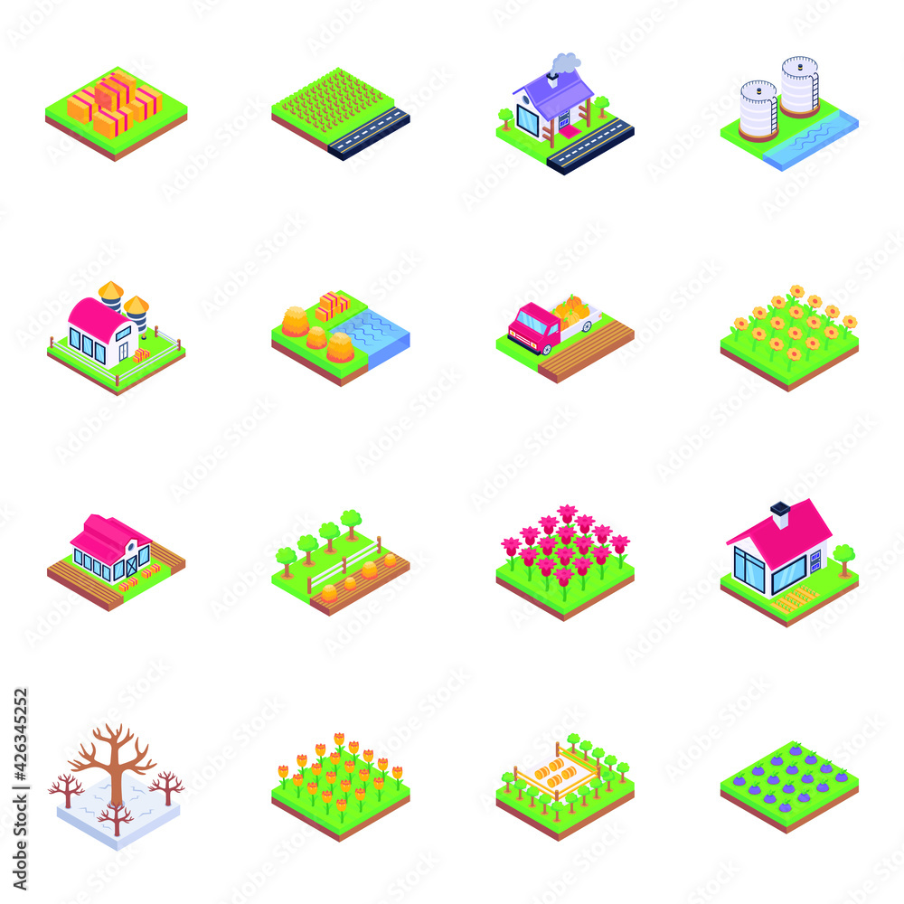 
Set of Harvesting in Isometric Icons

