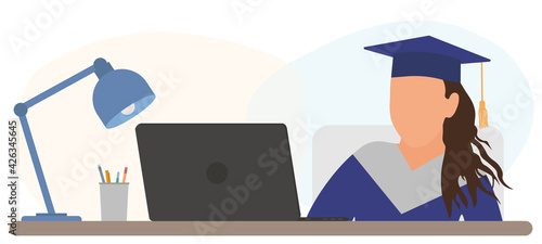 Virtual graduation. Graduate girl is sitting at desk in front of laptop and attending at online graduation. Vector illustration.