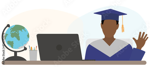 Graduate boy is sitting at desk in front of laptop and welcome graduates. Virtual online graduation. Vector illustration.