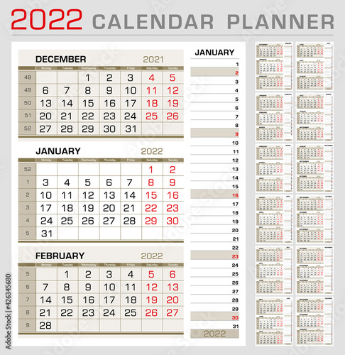 Calendar planner template 2022. Week start from Monday. 3 month calendar on page, with right stripe calender of the topical month. Ready for print. Vector Illustration