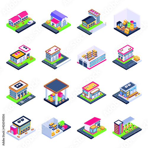 
Pack of Warehouses and Stock Houses Isometric Icons

