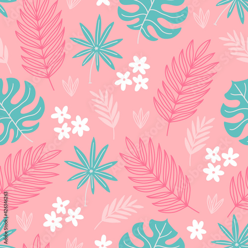 Floral seamless pattern with palm and monstera leaves and flowers