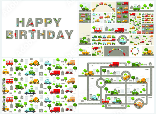 Baby city cars set. Vector cartoon illustrations for kids, nursery, poster, card, birthday party, baby t-shirts.