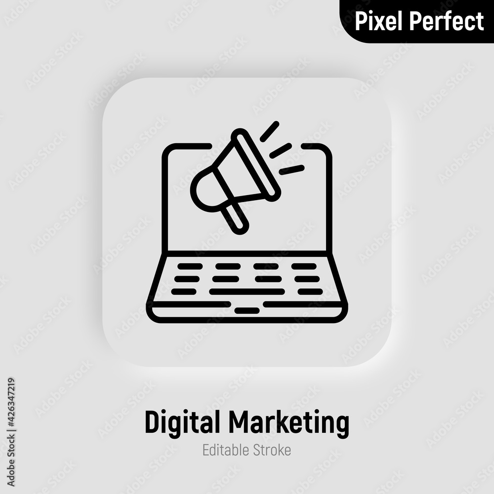Digital marketing thin line icon. Open laptop with megaphone. Advertising in social media. Online strategy for promotion. Pixel perfect, editable stroke. Vector illustration. Digital marketing thin line icon. Open laptop with megaphone. Advertising in social media. Online strategy for promotion. Pixel perfect, editable stroke. Vector illustration.