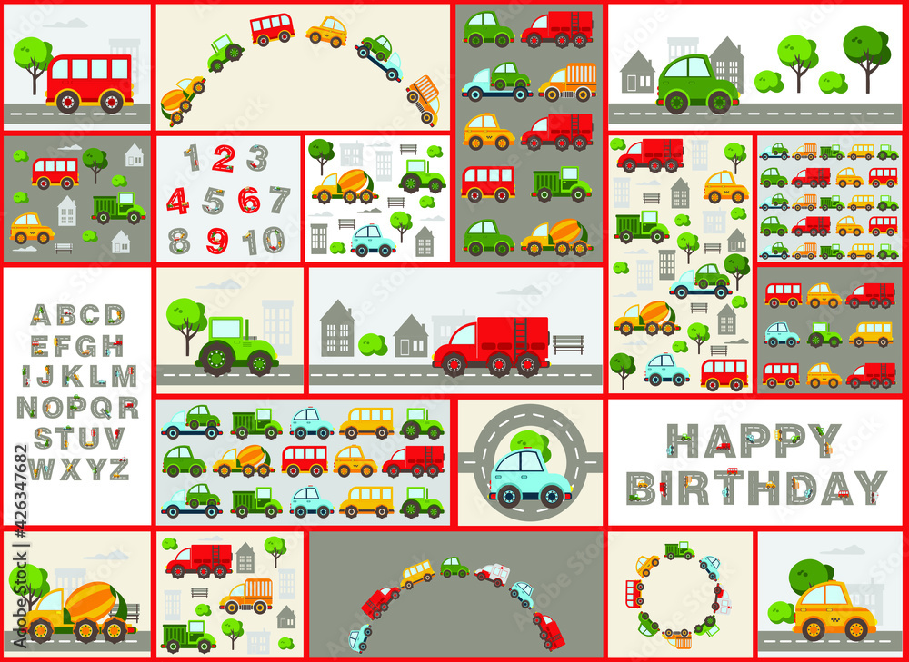 Track road alphabet, numbers. Baby city cars set. Vector cartoon illustrations for kids, nursery, poster, card, birthday party, baby t-shirts.