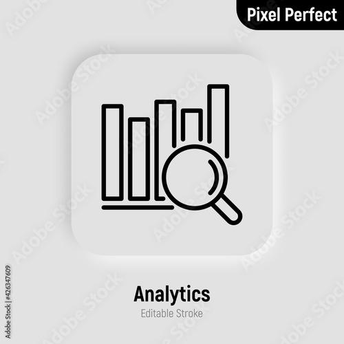Data analytics thin line icon. Magnifier and increasing graph. Financial analysis. Editable stroke, pixel perfect. Vector illustration.