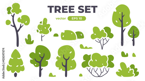 Trees set. Plants isolated. Forest background. Green color. Simple cute cartoon design. Flat style vector illustration. Nature and healthy lifestyle. Tree silhouette. Icons collection.