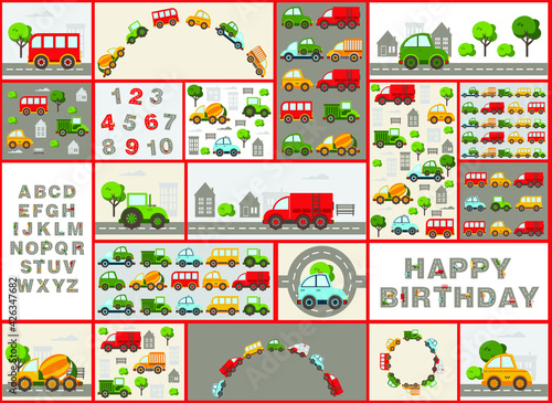 Track road alphabet, numbers. Baby city cars set. Vector cartoon illustrations for kids, nursery, poster, card, birthday party, baby t-shirts.