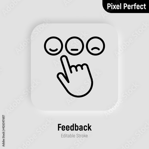 Feedback thin line icon. Put by finger evaluation. Comment, rating, review, recommendation. Vector illustration.