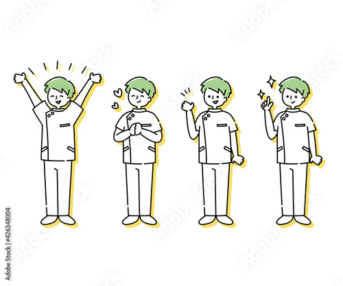 白衣を着た男性看護師の感情表現イラスト（全身）