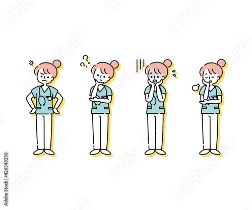 スクラブを着た女性看護師の感情表現イラスト（全身）