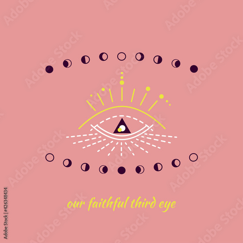 Esoteric symbol of opening of third eye of soul, moon. Text is our faithful third eye. Illustration of magic session, look into future, into universe. Vector drawing for tarot cards, web page.