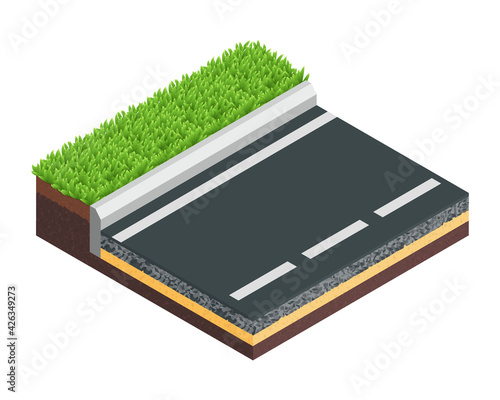 Vector illustration typical asphalt road structure isolated on white background. Realistic cross section road structure diagram in flat cartoon style. Isometric scheme of asphalt paving technology.