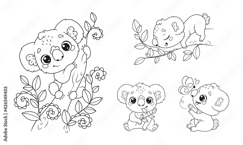 Obraz premium Set of cute koalas in doodle style. Black and white outline illustration.