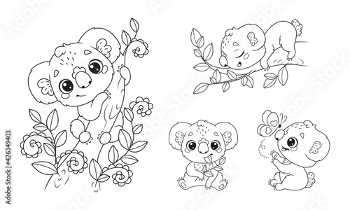 Set of cute koalas in doodle style. Black and white outline illustration.