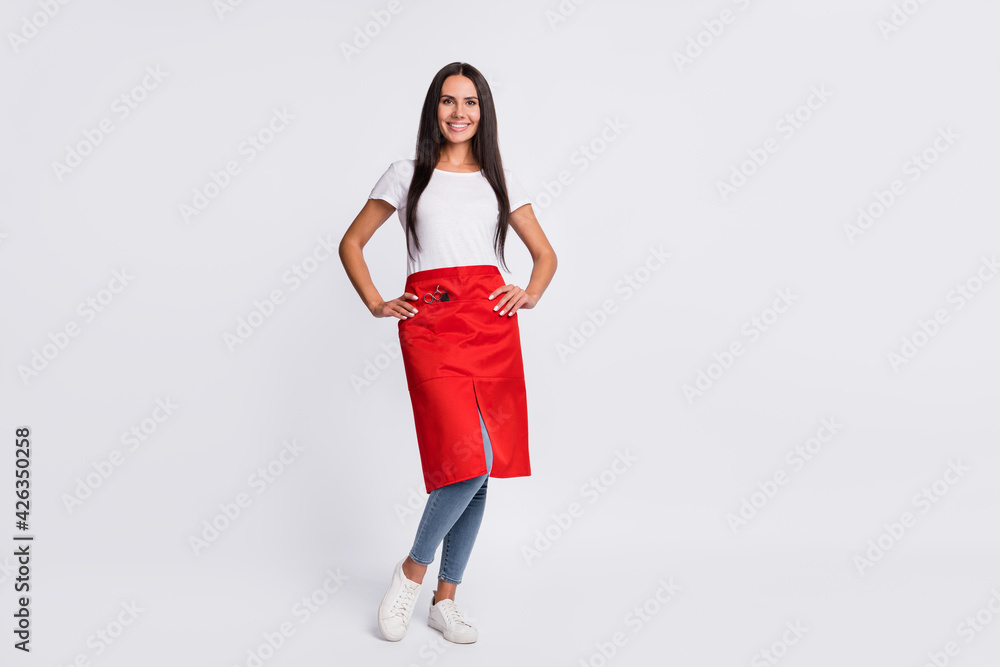 Full size photo of young happy cheerful smiling woman hairdresser in red apron isolated on grey color background Full size photo of young happy cheerful smiling woman hairdresser in red apron isolated on grey color background