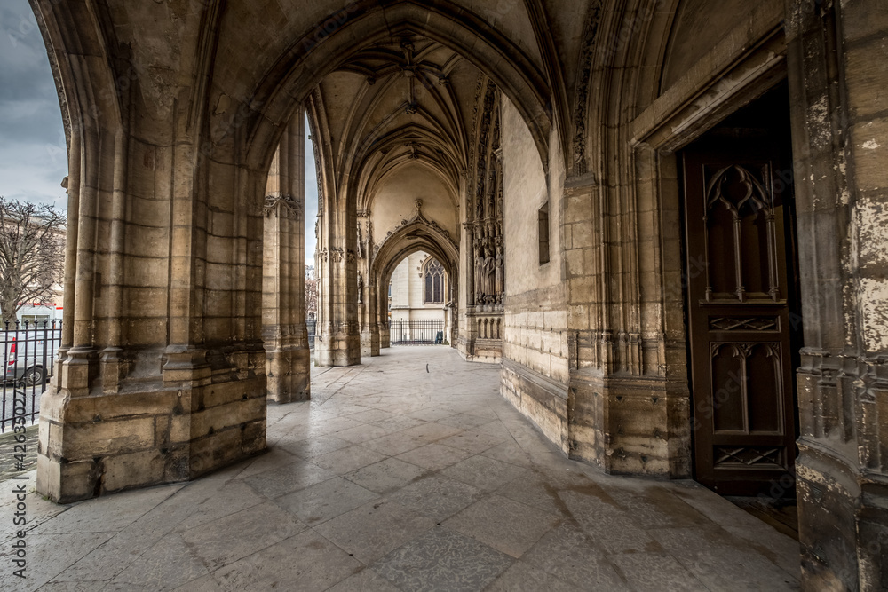 Hallway of an old cathedral in Paris, France 