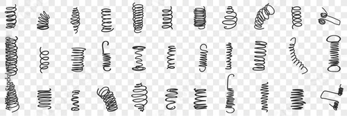 Springs or Curves scribbles lines doodle set. Collection of hand drawn springs scribbles of various patterns waving lines geometrical shapes isolated on transparent background