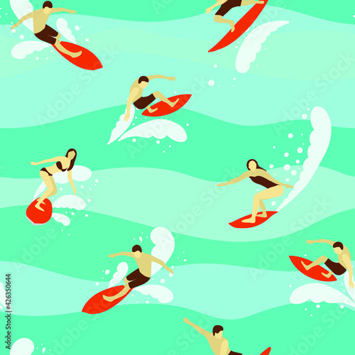 Surfers on the waves. Turquoise ocean  silhouettes of surfers on boards  waves  splashes  summer.